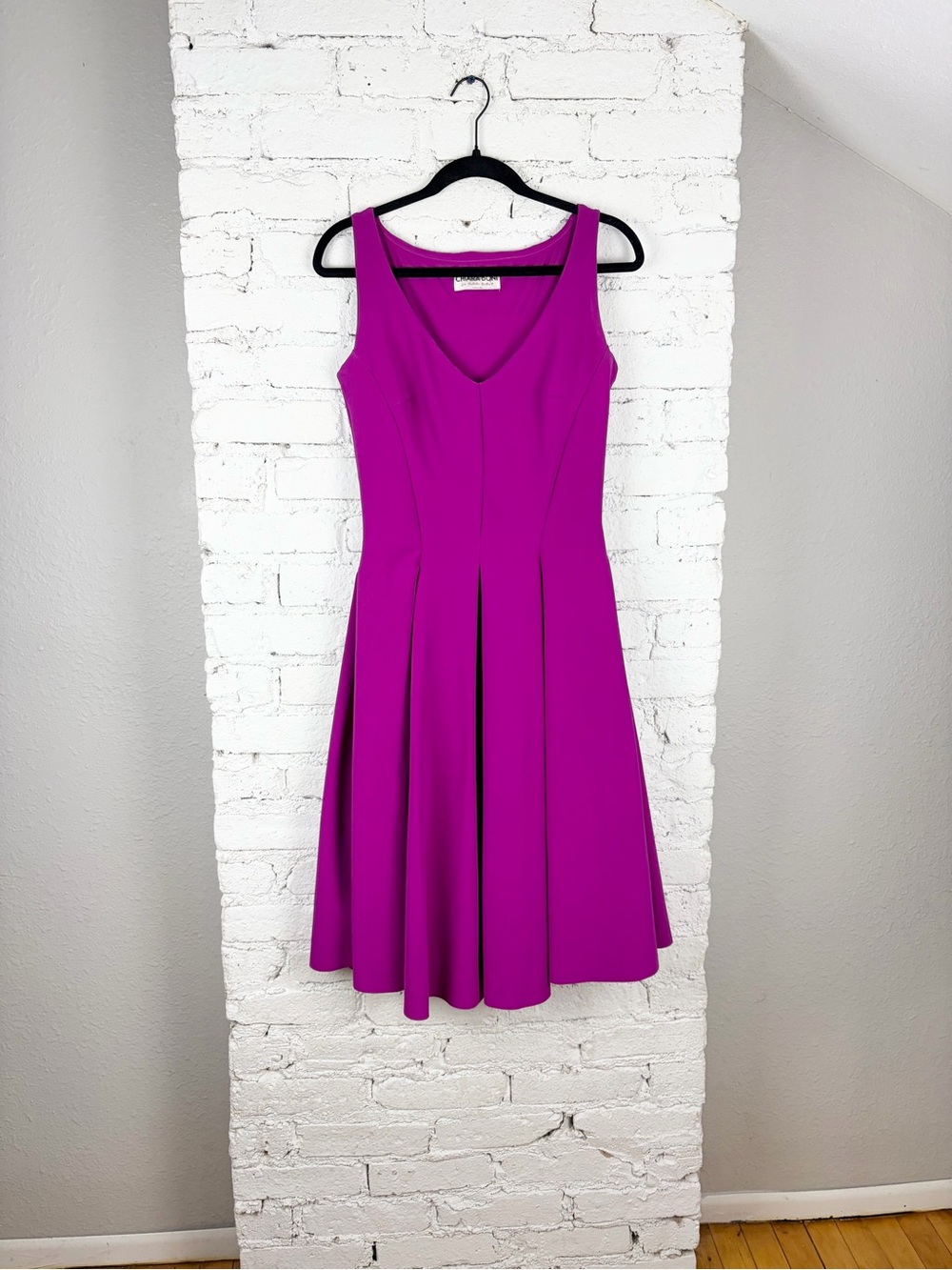 Chiara Boni Corie Fit Flare Scuba Stretch Pleated Magenta Pink Dress 46 US 10